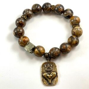 Unsigned Ocean Fossil Jasper Beaded Stretch Bracelet 925 Sterling Silver Charm